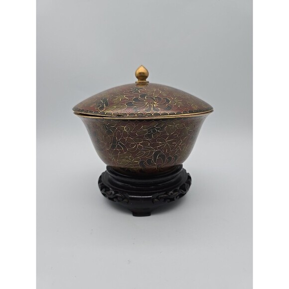 Vintage Chinese Cloisonne Covered Bowl on Wood Stand Enamel over Copper Floral - Picture 1 of 8